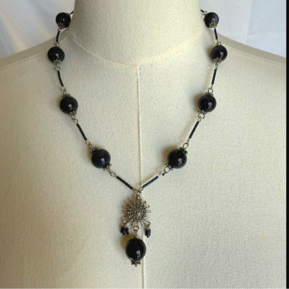 Celestial Blue Goldstone Sun Pendant Necklace Silver Navy Beaded